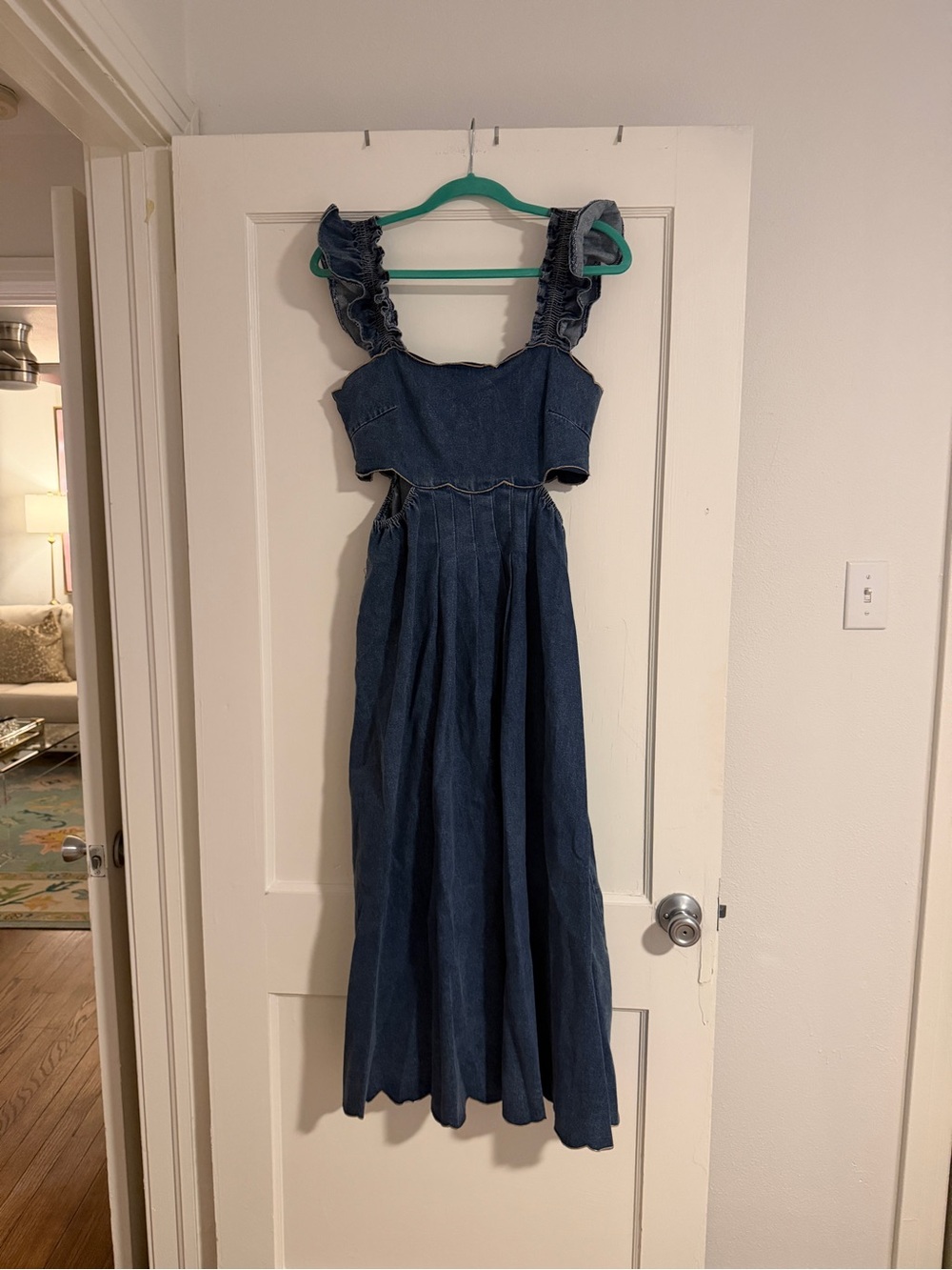 Ruffled-Strap Dark Blue Denim Maxi Dress